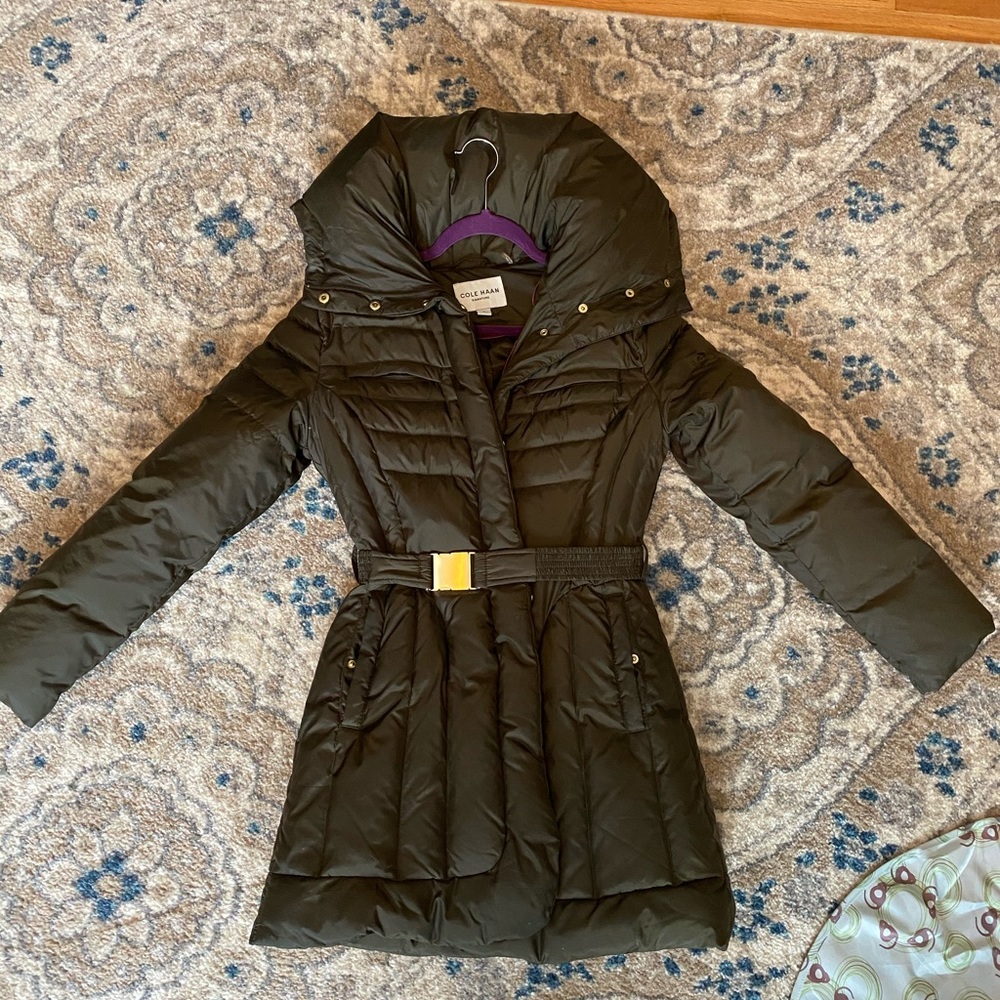 Cole Haan puffy hooded coat- olive green